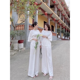 Đồ Lam Đi Chùa Bà Ba Chất gấm cổ tròn nút ngọc