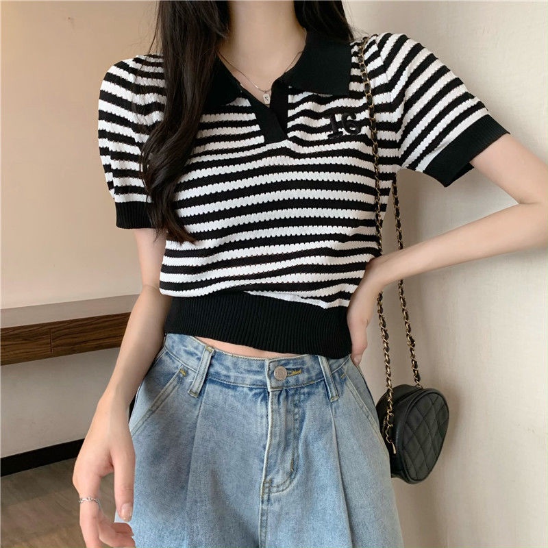 Áo Thun polo Dệt Kim Tay Ngắn Dáng Ôm Thêu Họa Tiết Kẻ Sọc Thời Trang Xinh Xắn Cho Nữ