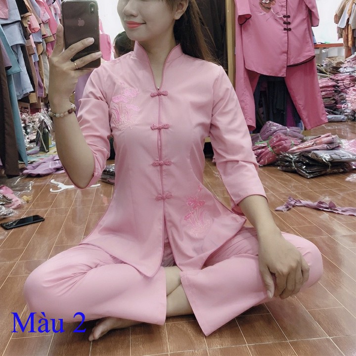 Đồ lam đi chùa Quần áo phật tử nữ vải kate