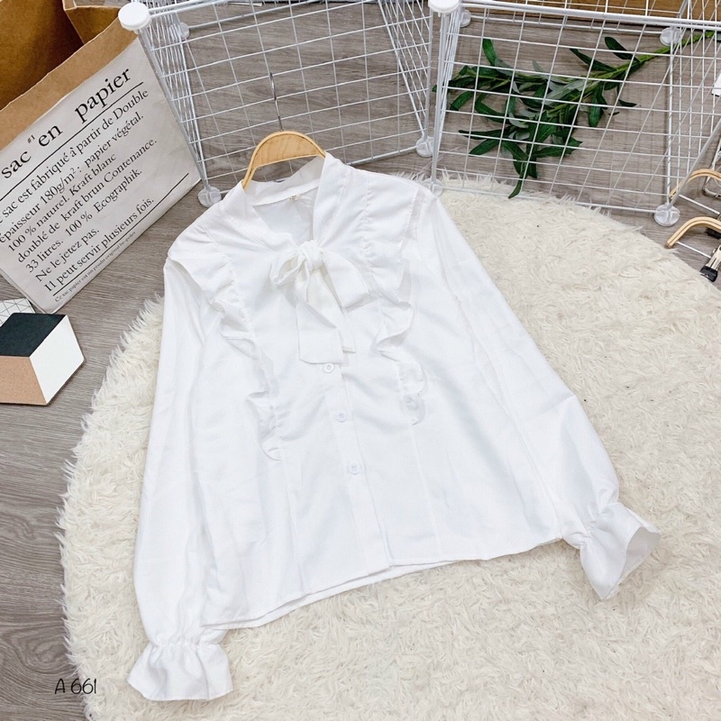 Áo kiểu nhung bèo nơ tay dài A661