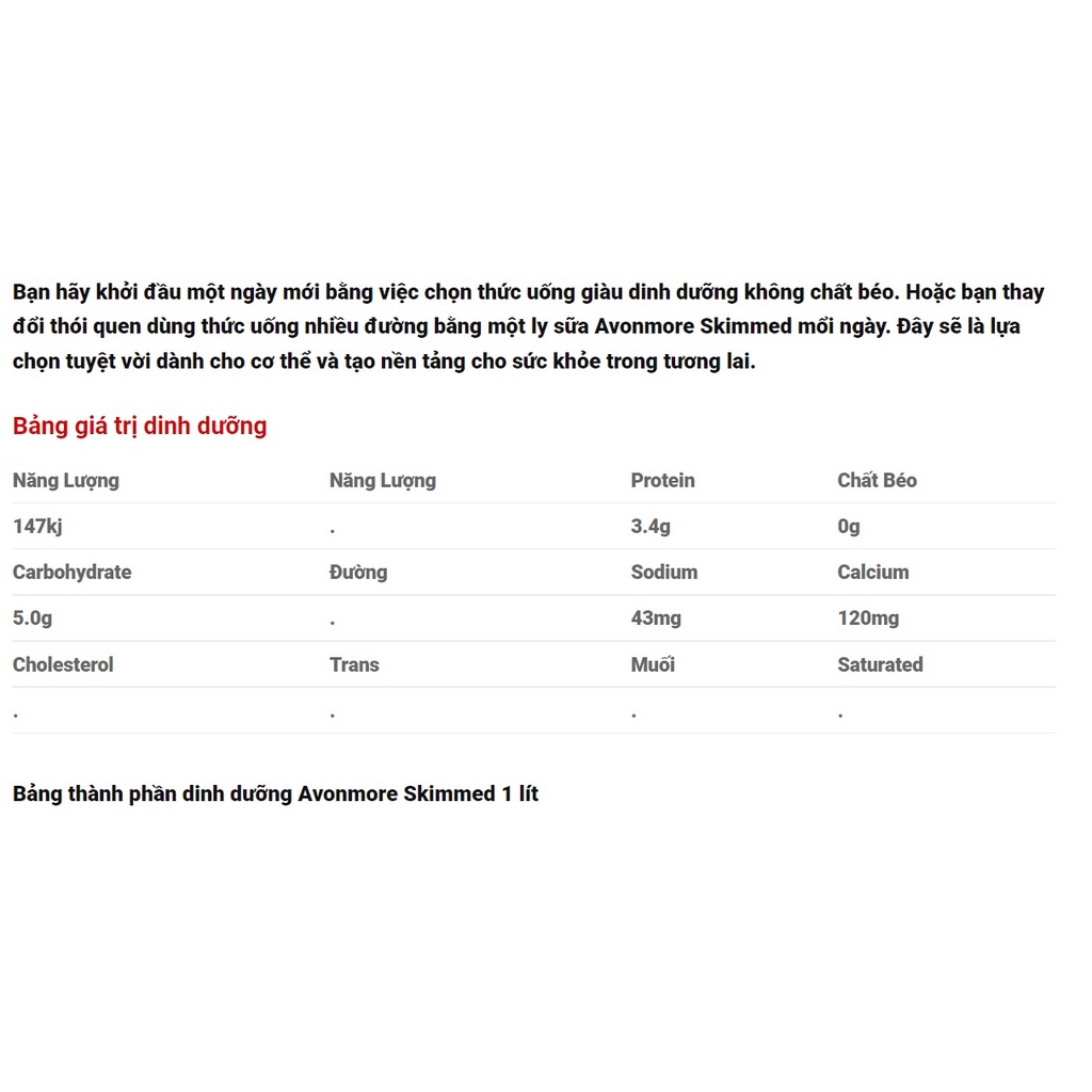 Sữa avonmore tách béo, không béo 1 lít