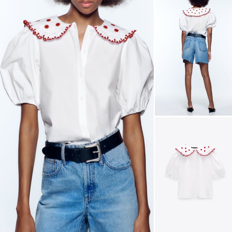 Zara Áo Sơ Mi Trắng Tay Phồng Thêu Họa Tiết Thời Trang Mùa Hè Cho Nữ 0881425Áo blouse