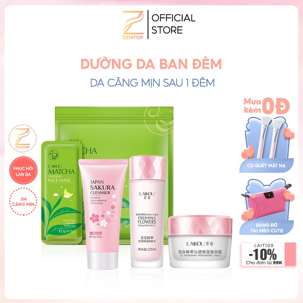 Bộ dưỡng da ban đêm cơ bản sữa rửa mặt toner kem dưỡng da giúp da ẩm mướt căng mịn trắng hồng Zentop