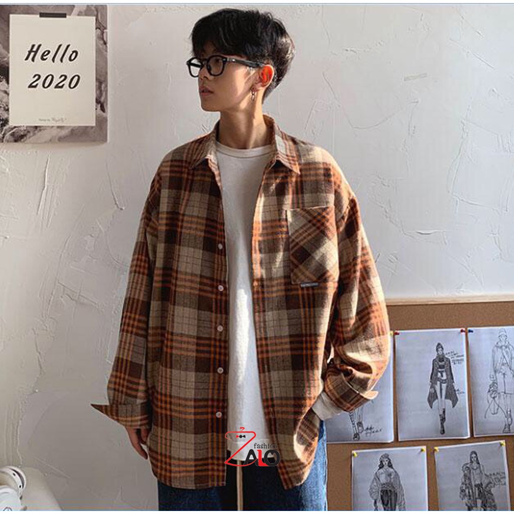 Áo Khoác Sơ Mi Flannel Caro Nâu Sữa SM06 Cá Tính Unisex | BigBuy360 - bigbuy360.vn
