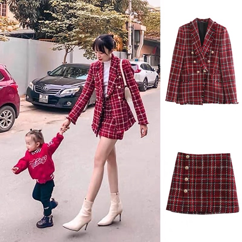 Set áo khoác blazer+chân váy dạ đỏ sọc ca rô thanh lịch