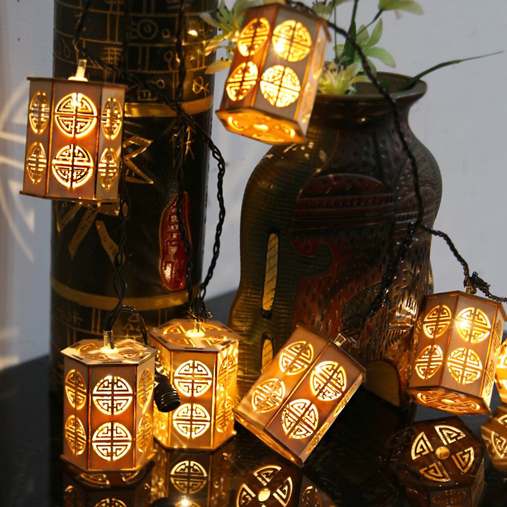 Dây đèn led hình đèn lồng bằng gỗ trang trí tết năm mới quán cà phê trà chanh trà sữa GIVASOLAR GV-WLSL