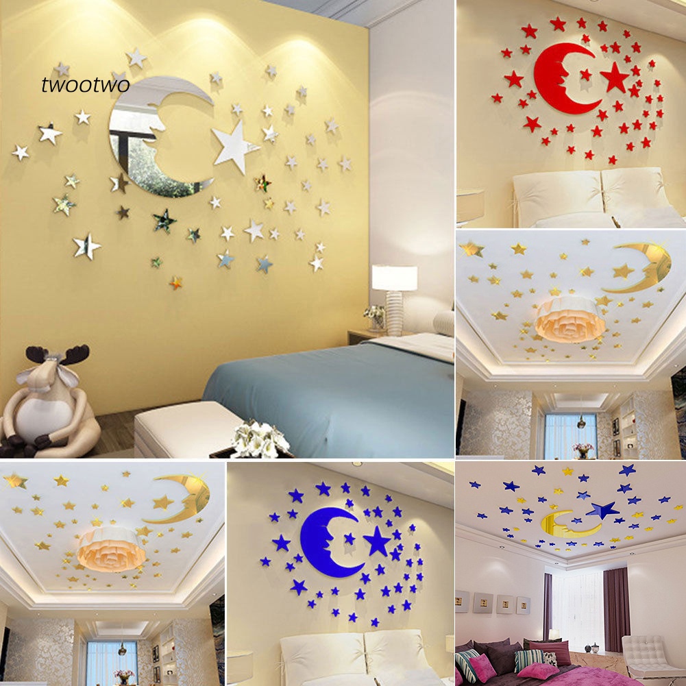Set 38 miếng dán tường hình mặt trăng ngôi sao 3D tráng gương độc đáo