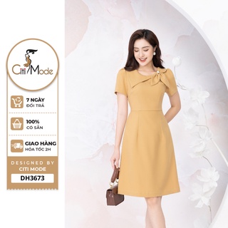 Đầm công sở CITI MODE FASHION thiết kế dáng A vàng phối hoa vai DH3673
