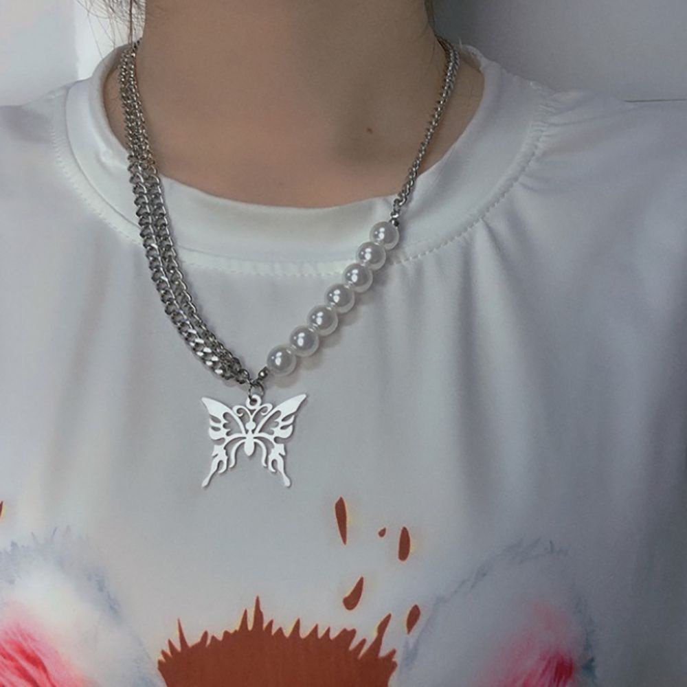 Vòng cổ choker mặt hình bướm bằng kim loại đính ngọc trai phong cách gothic thời trang cho nữ