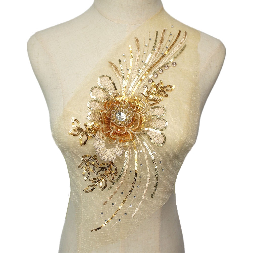 Miếng Vải Ren Thêu Hoa Đính Kim Sa Vàng Dùng May Váy Cưới diy