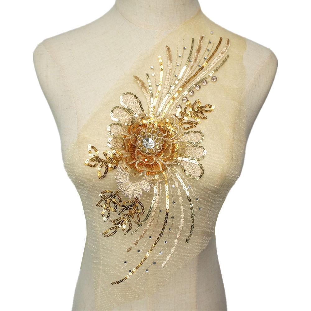 Vàng Thêu Sequin Hoa Vải Ren Đính May Cổ Miếng Dán Váy Cưới Cô Dâu DIY Thủ Công