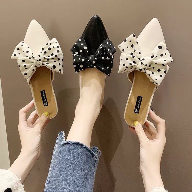 FREE SHIP30K (H618) Dép sục nữ thắt nơ vải chấm bi cao ~3cm