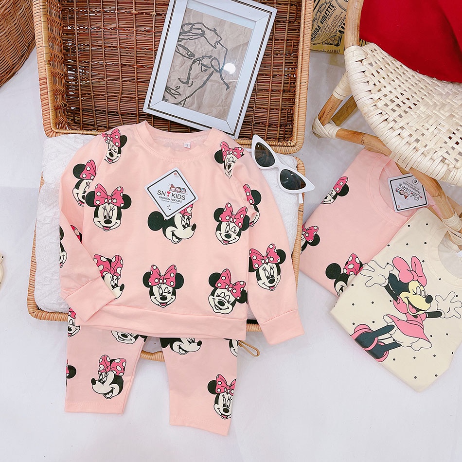 ĐỒ BỘ THU ĐÔNG CHO BÉ GÁI IN HÌNH MICKEY DỄ THƯƠNG CHUẨN COTTON TÀU MỀM MẠI THẤM HÚT MỒ HÔI CO GIÃN 4 CHIỀU SIZE 9-21KG