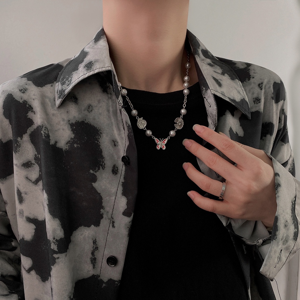 Dây chuyền ngọc trai 19A1222 mặt hình bướm màu hồng phong cách hip hop hàn quốc