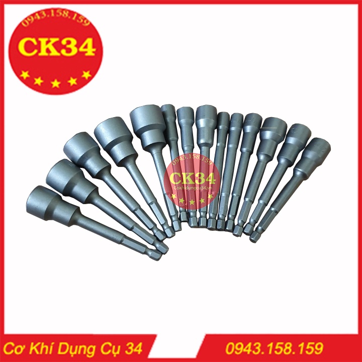 Đầu siết, đầu bắn bu lông 6-19mm có nam châm hút cho máy khoan, máy bắn vít chuôi lục giác dài 100mm.