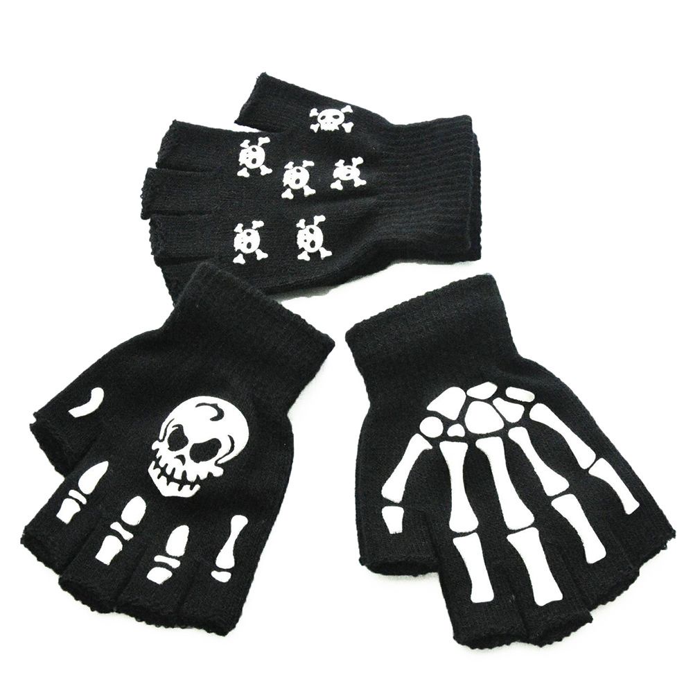 Đôi găng tay hở ngón họa tiết đầu lâu màu dạ quang độc đáo thích hợp cho halloween