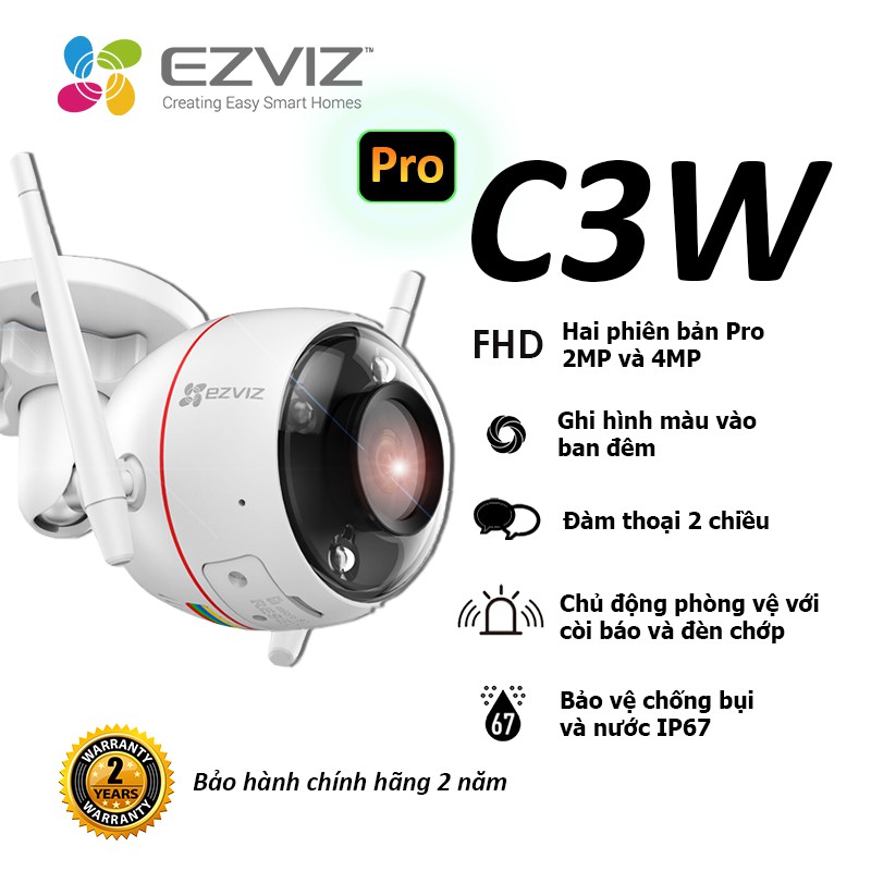 Camera IP Wifi hồng ngoại ngoài trời EZVIZ C3W 2Mp có đèn còi VÀ đàm thoại 2 chiều - hổ trợ thẻ nhớ lên đến 256G