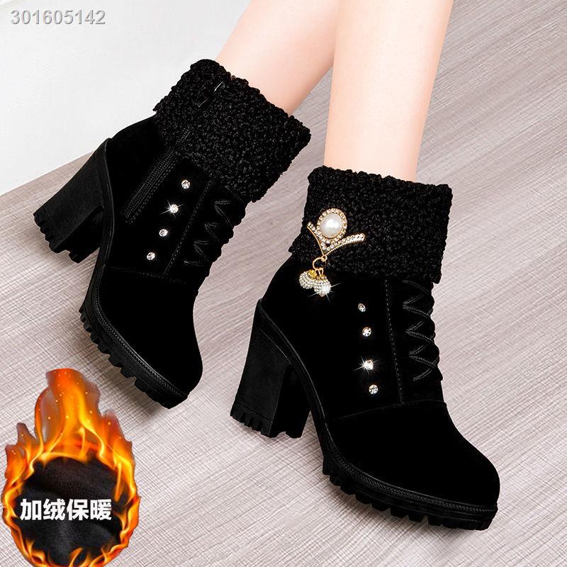 Giày bốt martin cao gót vải nhung dày dặn có khóa kéo phong cách Âu Mỹ thời trang thu đông 2021 dành cho nữ