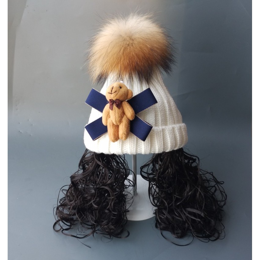Mũ đan len phối tóc giả phong cách Hàn Quốc thời trang xinh xắn cho bé gái