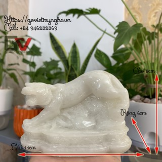 [Linh vật phong thủy] Tượng đá con hổ trang trí phong thủy bàn làm việc | màu trắng đá Đá Non Nước - Dài 11cm