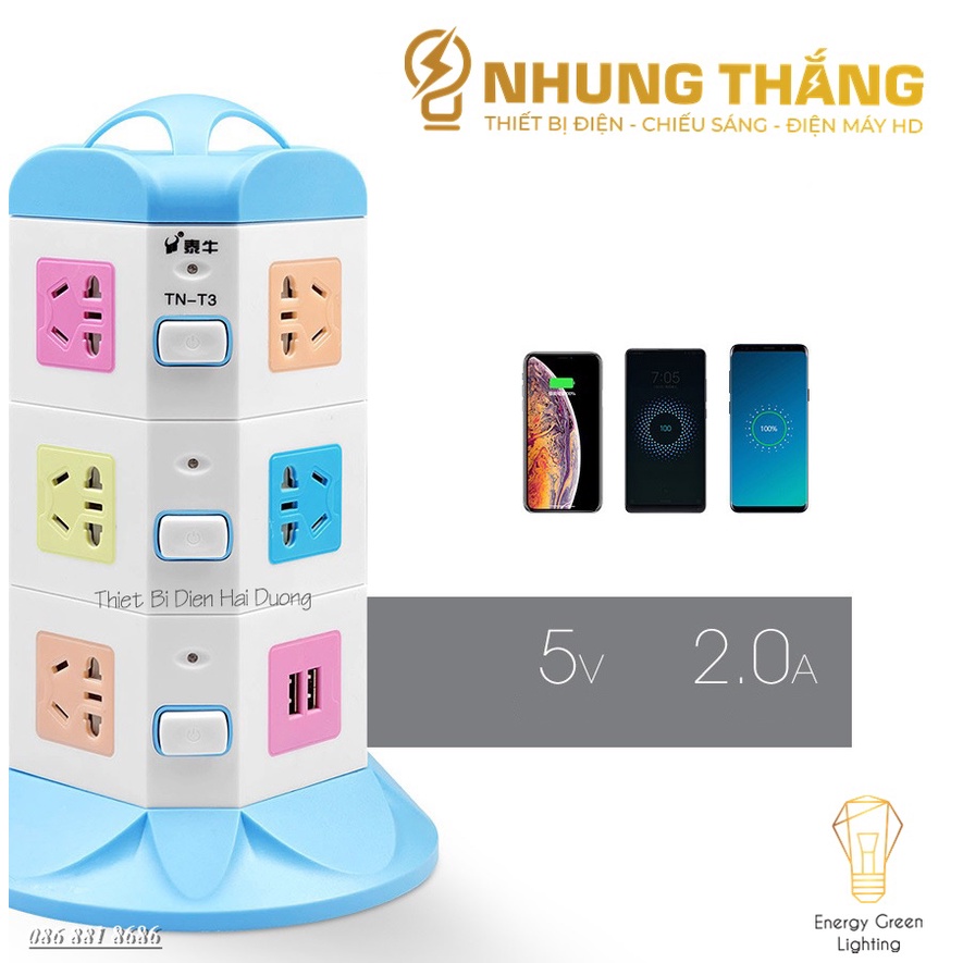 Ổ Cắm Điện Đứng Đa Năng TN-2,3,4 Tầng - Dây Dài 2m8 Tặng Kèm Phích Cắm Chuyển Đổi - Bảo Hành 1 Năm