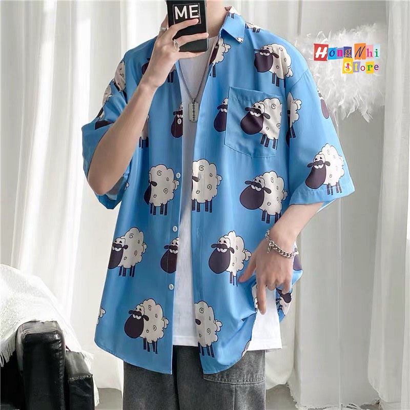 Áo Sơ Mi Họa Tiết Đi Biển Con Cừu Hoạt Hình Tay Lỡ Dáng Rộng Ulzzang Unisex - MM