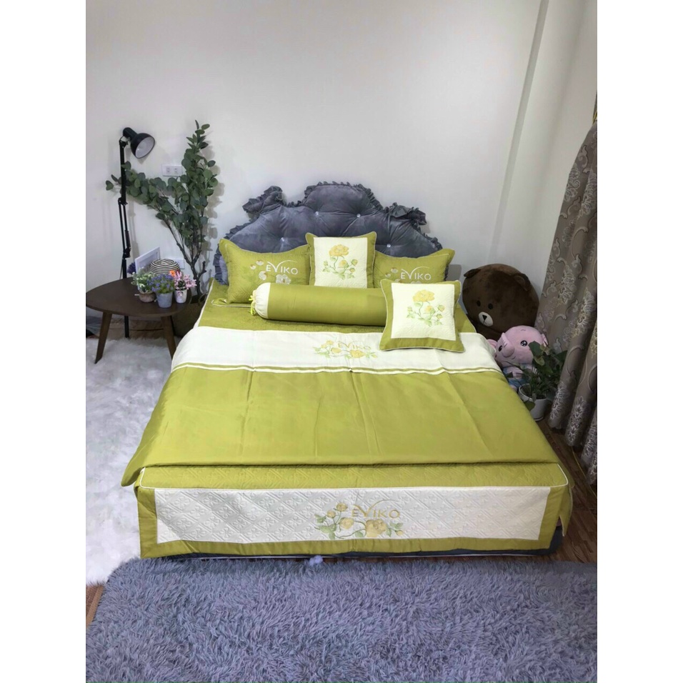 Set chăn ga gối satin 7 món thêu cực đẹp dùng phòng cưới,làm quà tặng biếu sang trọng có kèm túi