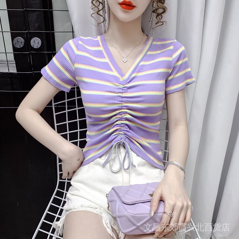 Áo Thun Ngắn Tay Cổ Chữ V Họa Tiết Sọc Ngang Nhiều Màu Sắc Thời Trang Mùa Hè Dành Cho Nữ