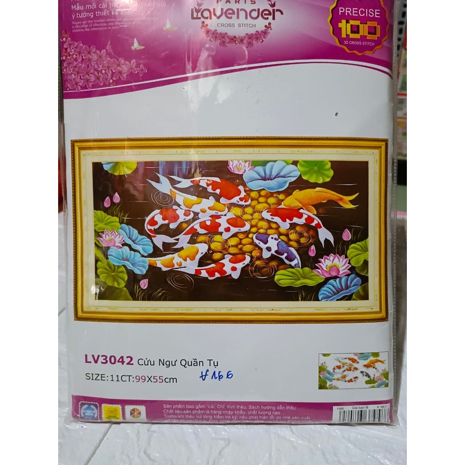 Tranh thêu chữ thập cá cửu ngư quần hội KT:99x55cm, tranh chưa thêu chưa khung, Tặng kéo và sỏ chỉ