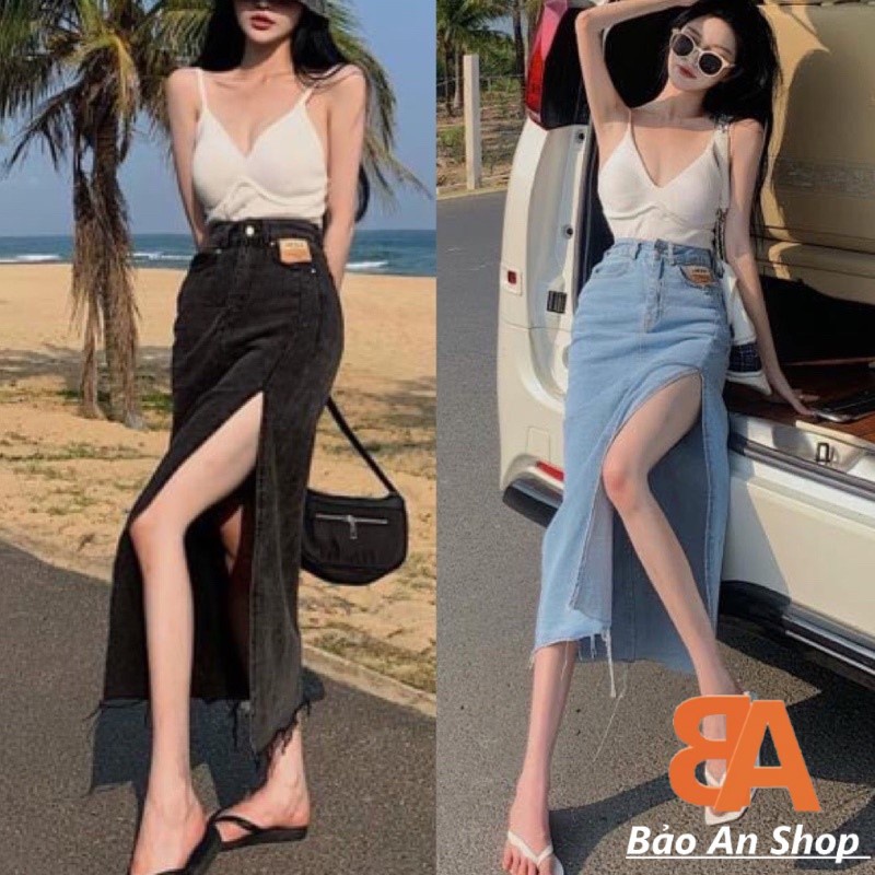 Chân váy jeans form dài phối xẻ tà cao cấp có 2 Size S M L | BigBuy360 - bigbuy360.vn