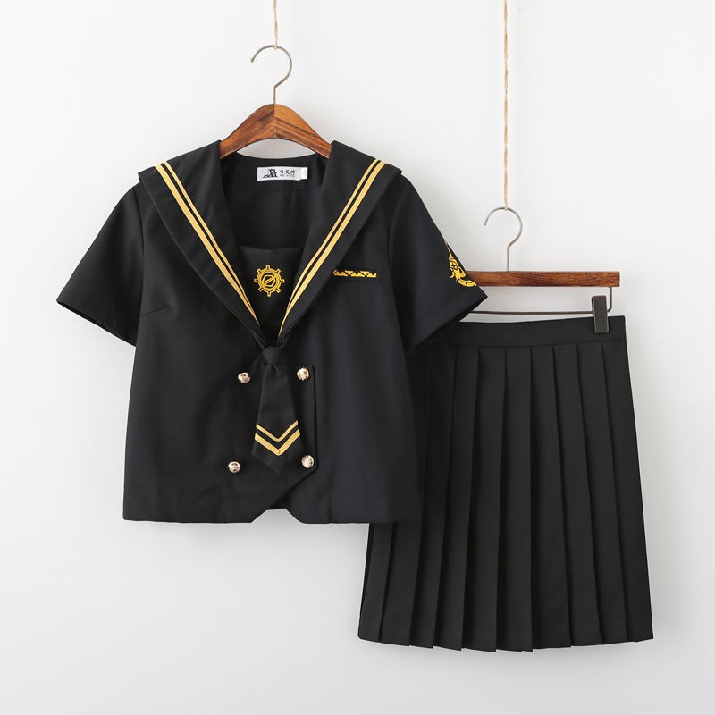 chân váy caro✆☋☑Đồng phục lính ngự lâm chính thống Nhật Bản sinh viên học màu đen sẫm Thủy thủ phù hợp với xấu v