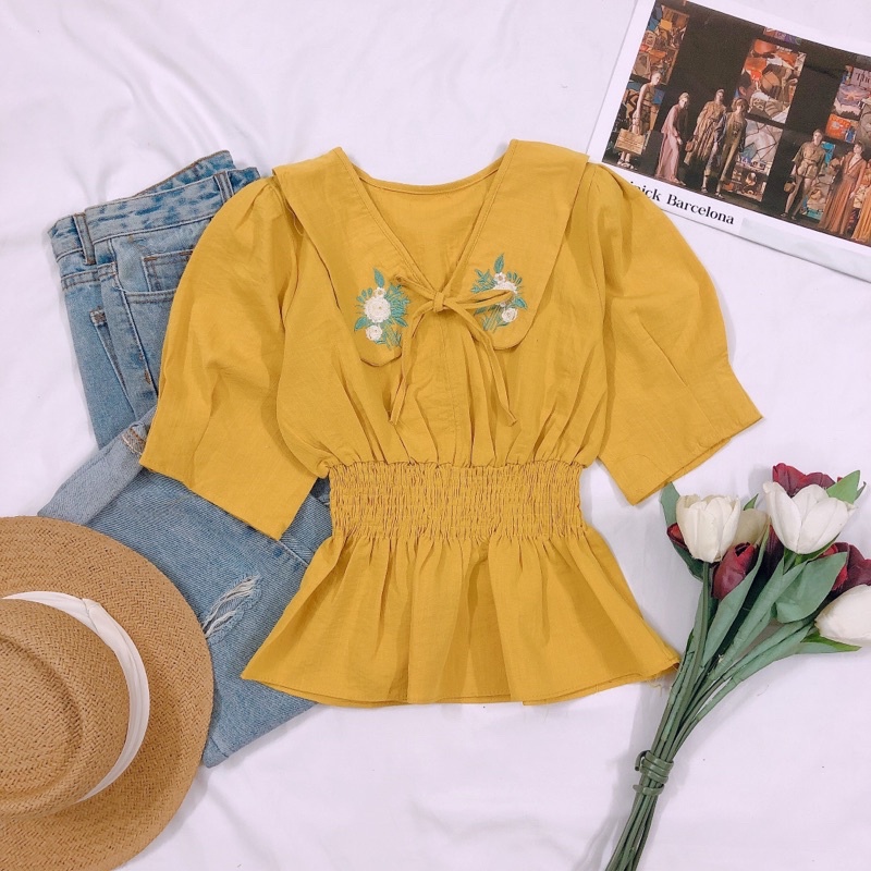 Áo Peplum Cổ Sen Thêu Tay Ngắn Chất Mát - Jancaroshop