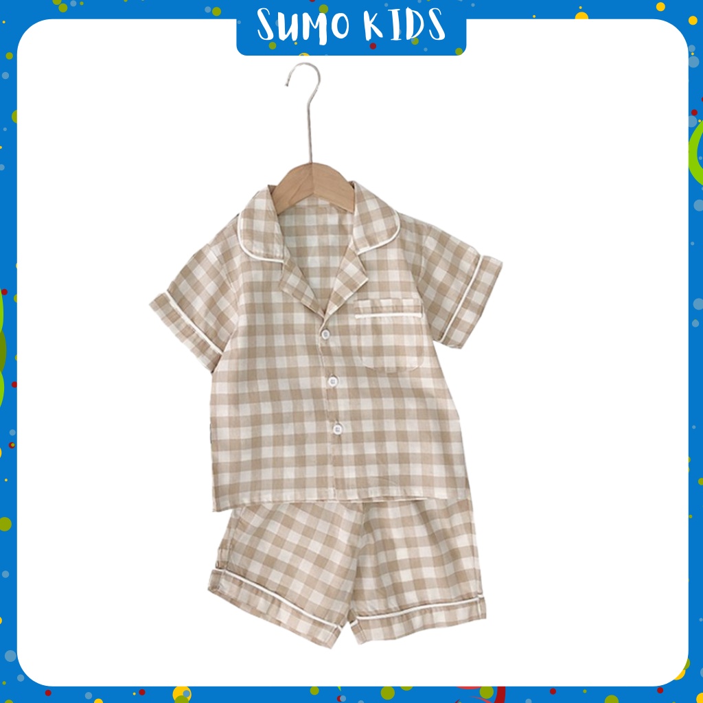 Bộ Pijama Kẻ Caro Cộc Tay Cho Bé SUMO KIDS, Đồ Bộ Bé Trai, Gái Mặc Đều Xinh Chất Thô Đũi Cho Bé Từ 6-27kg