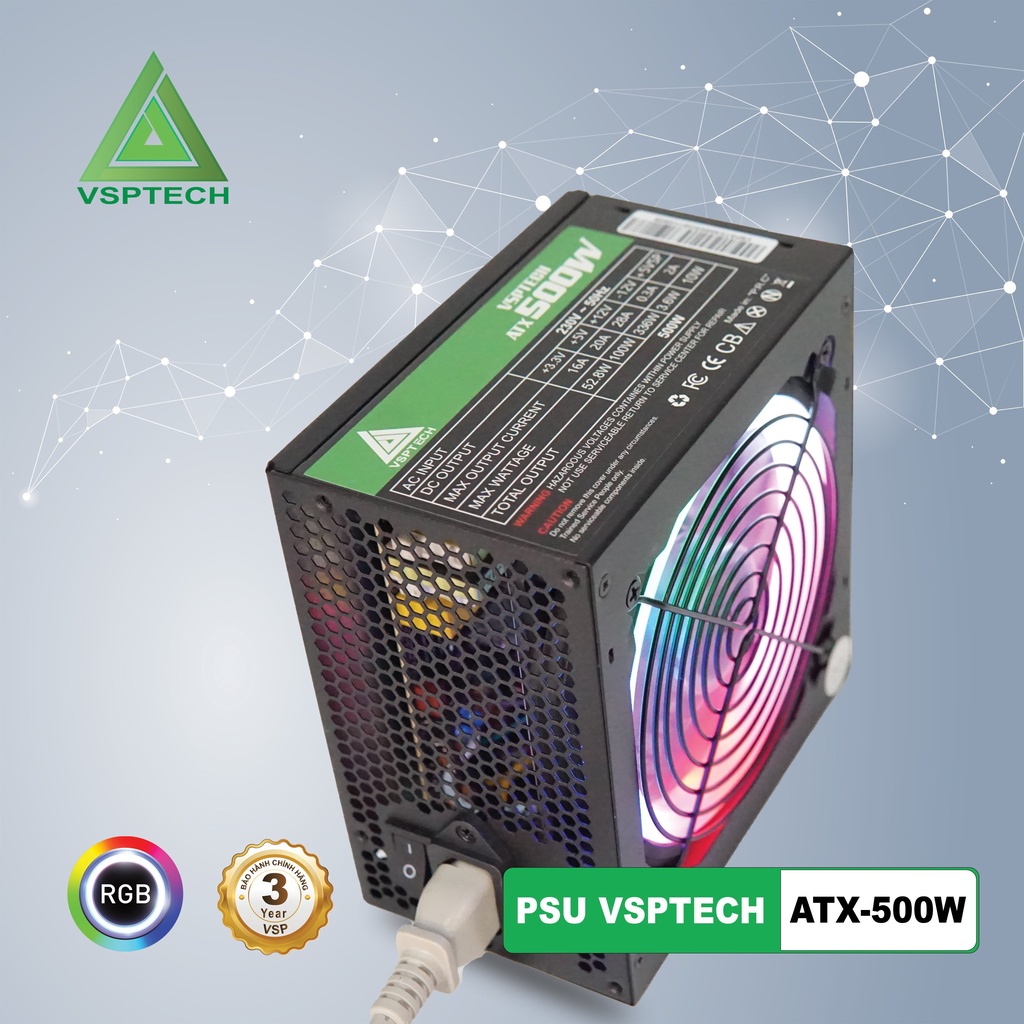 Nguồn PC Công Suất Thực VISION 500W LED ATX VSP Phân Phối Chính hãng (2x4+4pin, 6+2pin)