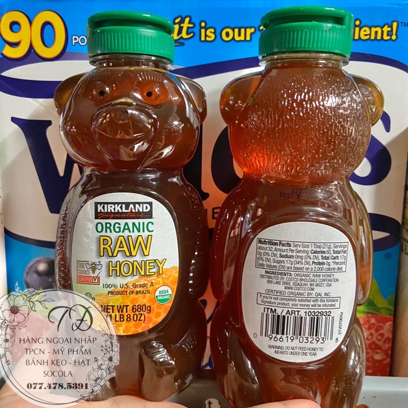 [HÀNG_CHUẨN] DATE MỚI 2023 Mật ong gấu Organic Raw Honey Kirkland của Mỹ 680g