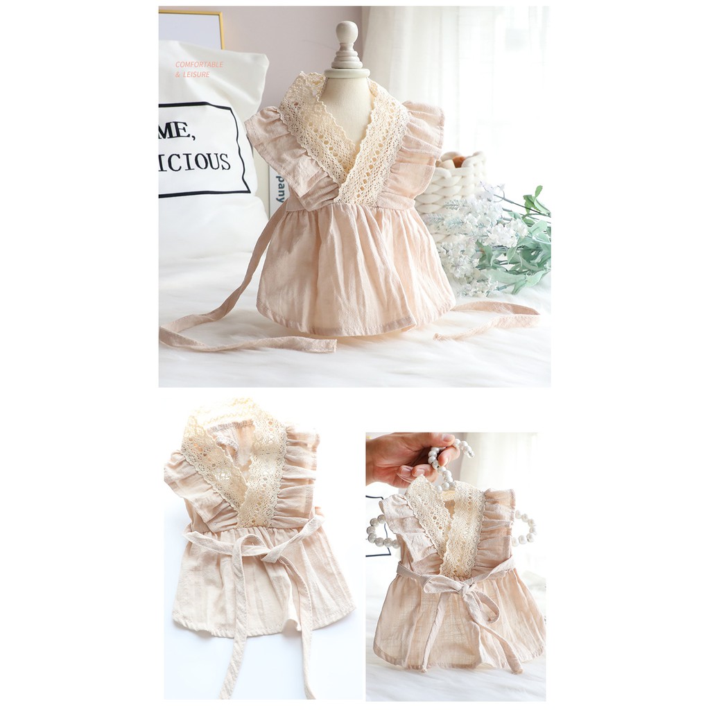 Váy đũi mùa hè CAMQUYTSTORE thiết kế phối ren thắt nơ cho thú cưng