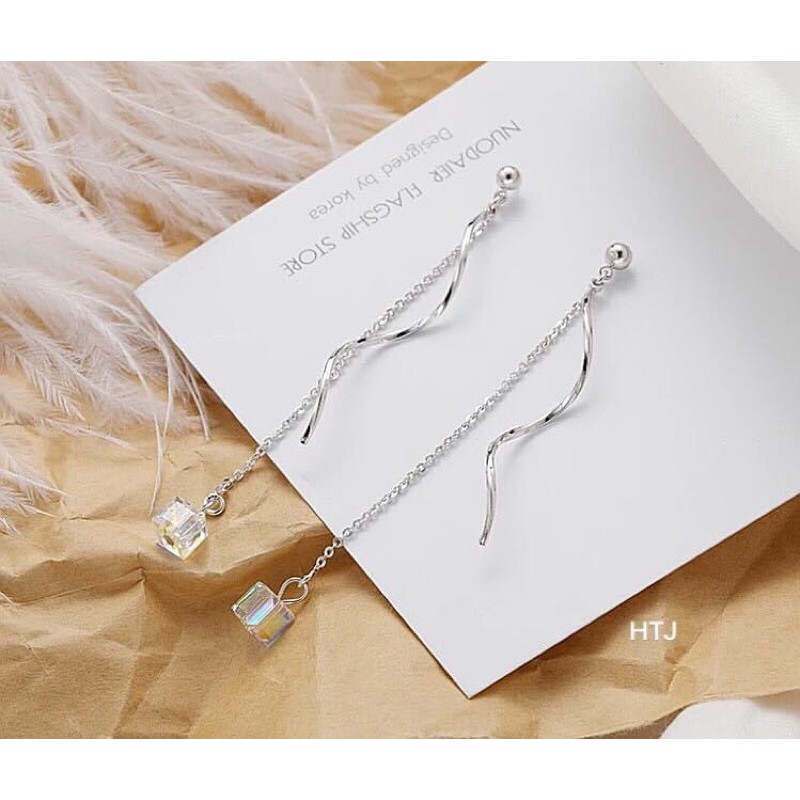 BÔNG TAI BẠC MẶT ĐÁ PHA LÊ VUÔNG DÁNG DÀI