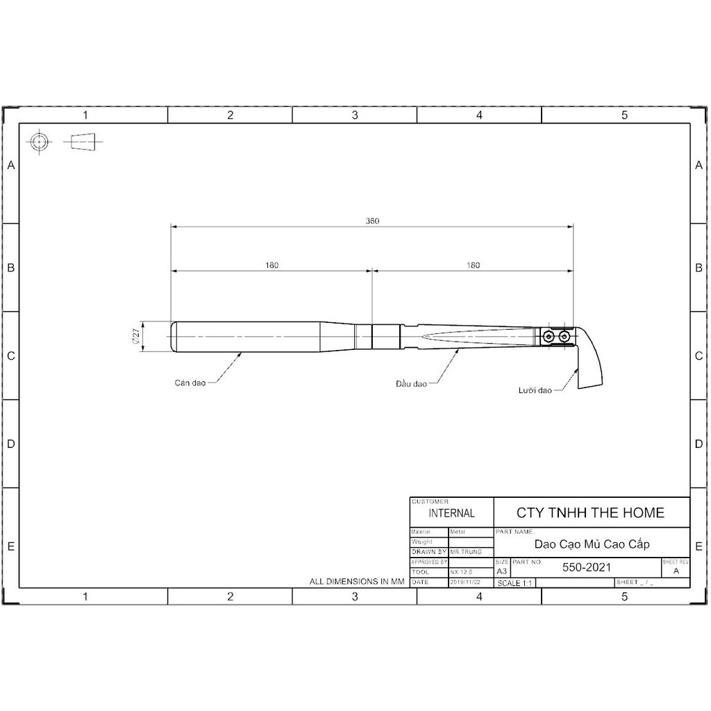 Dao cạo mủ cao su The Home - Trọng lượng 550g - Chiều dài dao 360cm