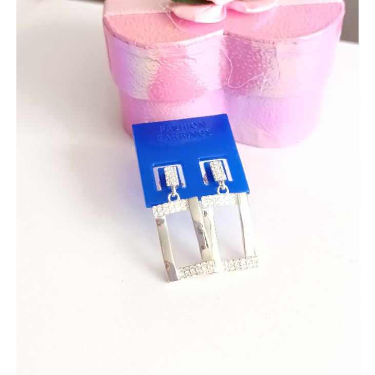 Bông tai bạc hình chữ nhật đính đá pha lê trắng bảo hành vĩnh viễn