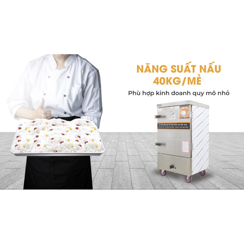 Tủ nấu cơm 40 kg gạo/mẻ 8 khay bằng điện gas NEWSUN Việt Nam - Bảo hành 12 tháng