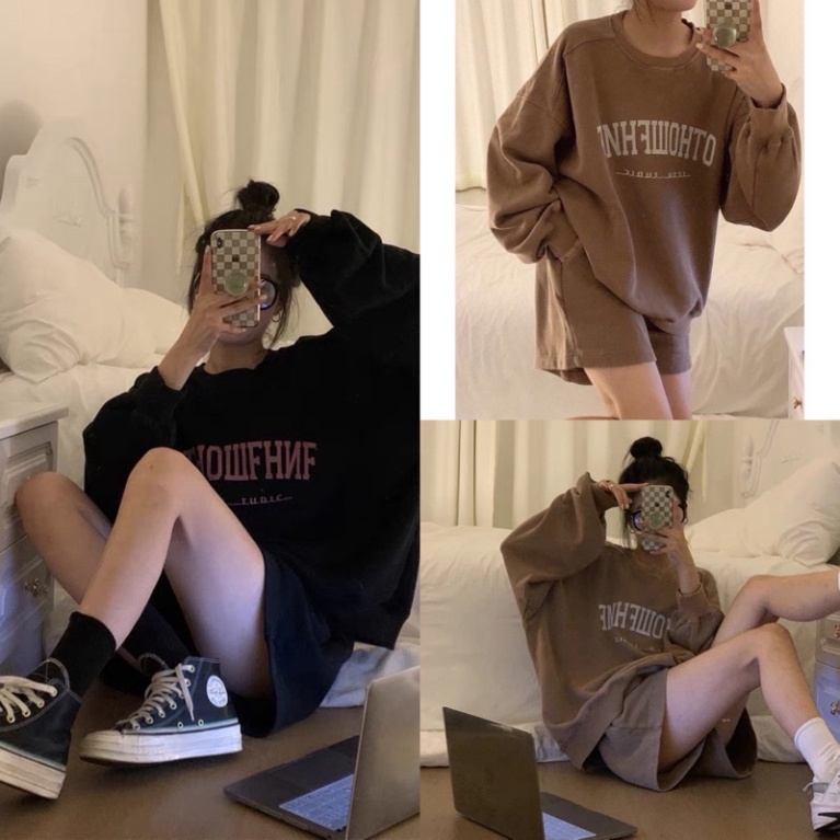 Set áo nỉ OTHO phong cách Ulzzang tay bồng in chữ kèm quần dày dặn Set bộ Hàn Quốc | BigBuy360 - bigbuy360.vn
