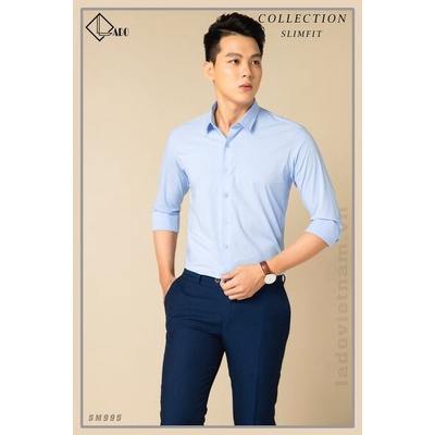 Áo sơ mi bamboo trơn màu xanh nhạt dài tay co giãn nhẹ LADO 995