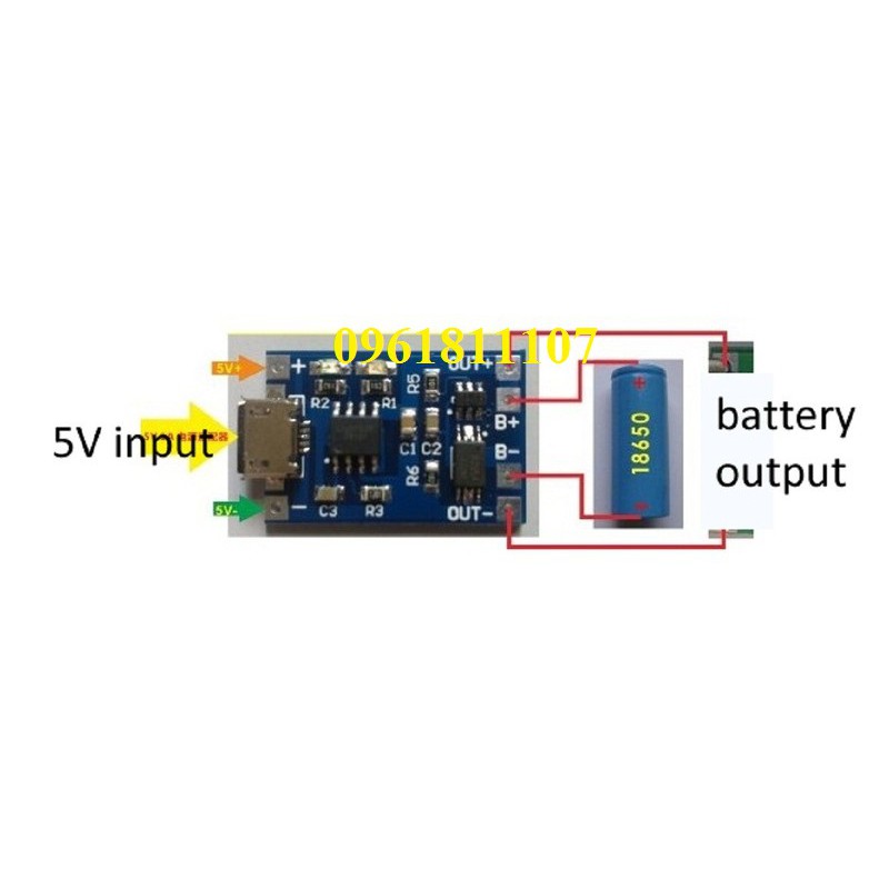 Mạch sạc pin lithium 18650 1A cổng micro USB có bảo vệ pin