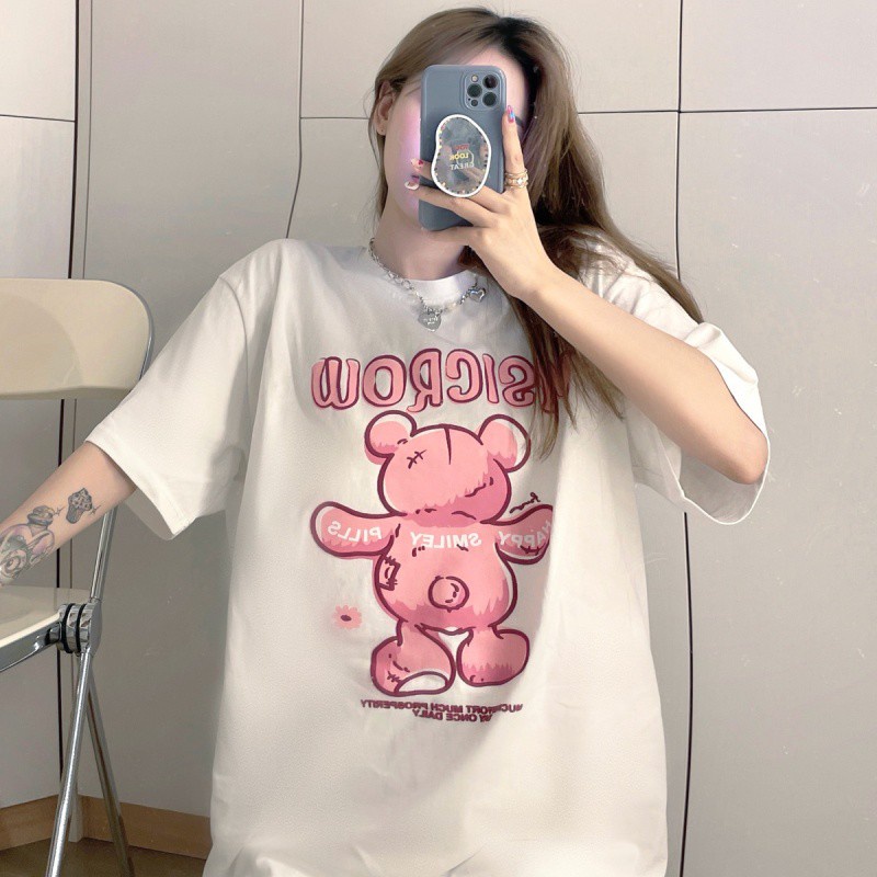 Áo Thun Tay Ngắn Cổ Tròn Dáng Rộng In Họa Tiết Hoạt Hình Dễ Thương Cho Nữ