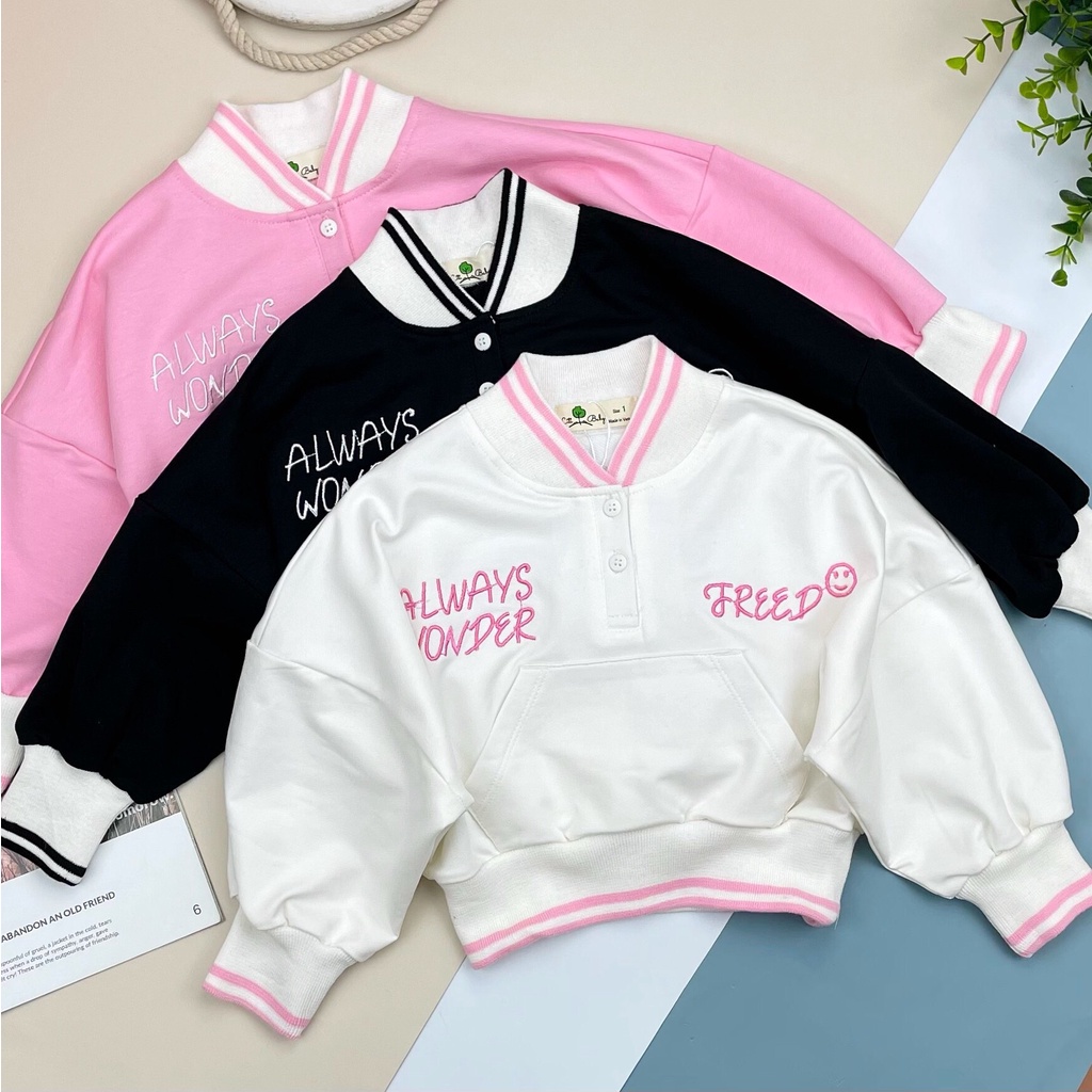Áo nỉ bé gái viền lé , bo chun . Chất nỉ da cá dày dặn không bai , không xù . Size 9 - 30 kg