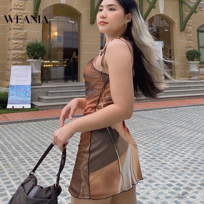 Đầm Mini Hai Dây Hở Lưng In Họa Tiết Thời Trang Mới D0402