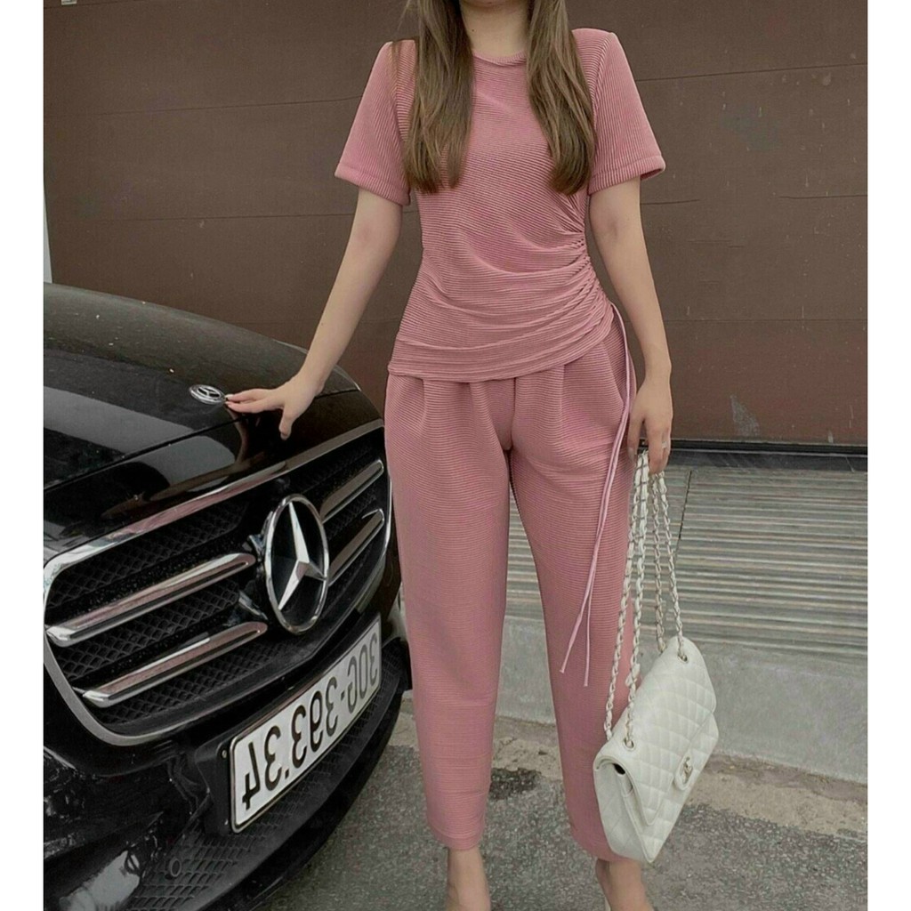 Set Bộ Áo Thun Rút Dây Bên Eo Và Quần Dài