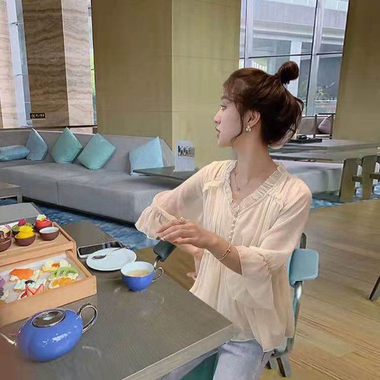 Áo Sơ Mi Chiffon Cổ Chữ V Phong Cách Hàn Quốc Ngọt Ngào Thời Trang Mùa Hè Hàng Mới Dành Cho Nữ | BigBuy360 - bigbuy360.vn