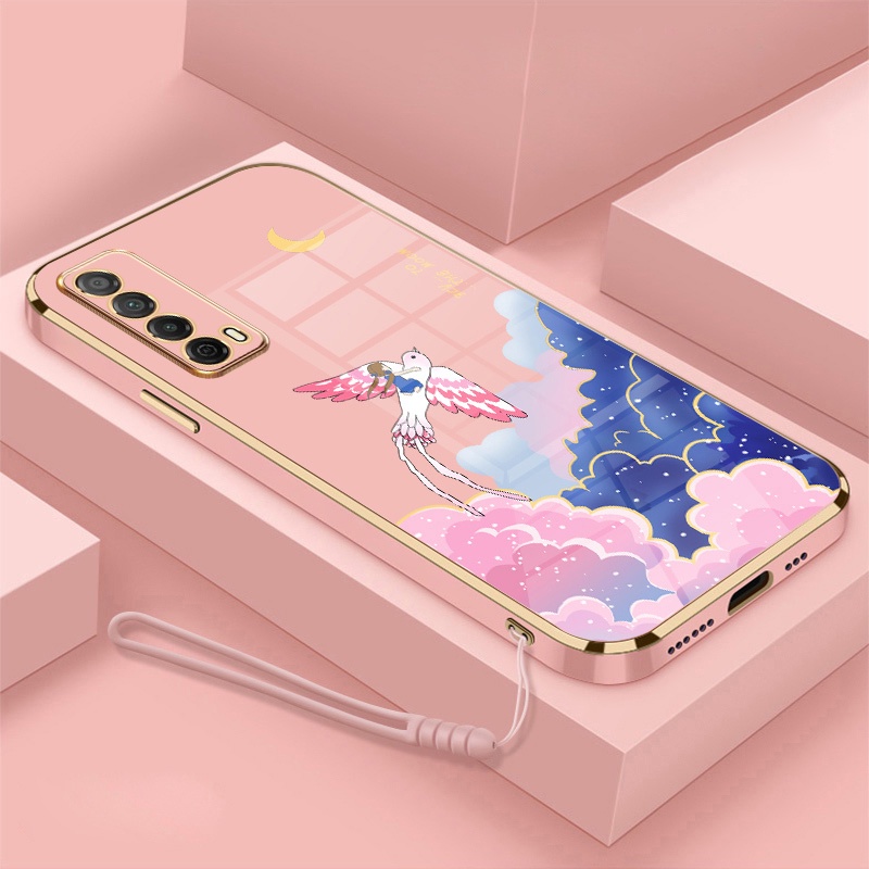 Ốp Điện Thoại Viền Mềm Mạ Điện In Hoạt Hình Kèm Dây Đeo Cho Huawei y7a nova 7i nova 5t nova 3i nova 8i