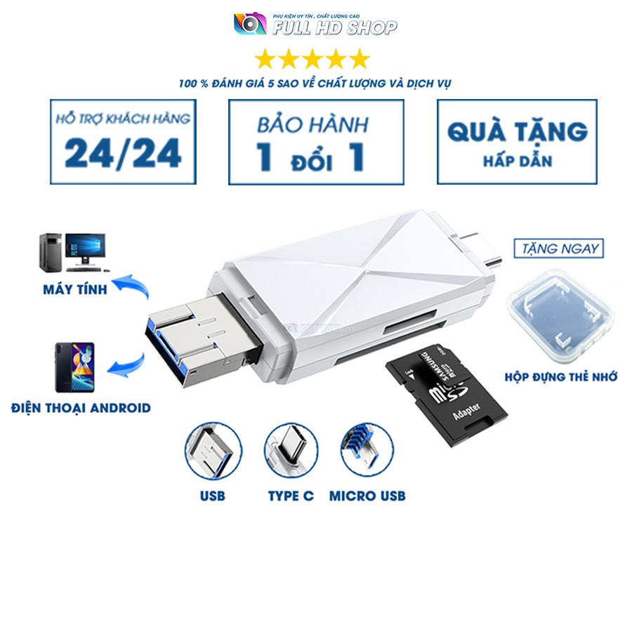 Đầu Đọc Thẻ Nhớ Điện Thoại Android, Máy tính - Đọc thẻ nhớ SD / Mircro SD - Cổng Type C, Micro USB,USB - Full HD Shop